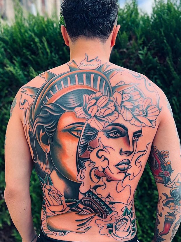 Neo-traditional full back tattoo of two women sharing a crown by Penny Boy — colour back piece art